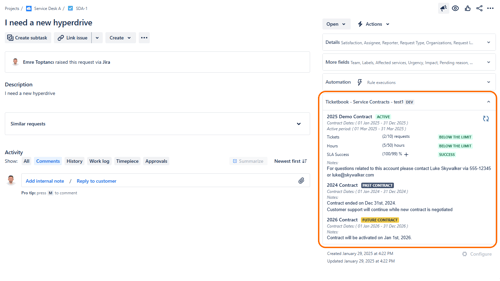 Jira issue view page displaying a TicketBook contract summary panel