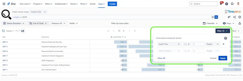 Filter Panel filtering issues with Lead Time longer than 1 days