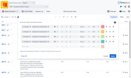 Timepiece - Time in Status for Jira, Highlight rules configuration panel