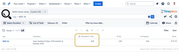 A sample Timepiece - Time in Status report, for the same issue, based on a custom calendar. This makes it possible to Exclude Non-Working Hours from Jira Time Reports
