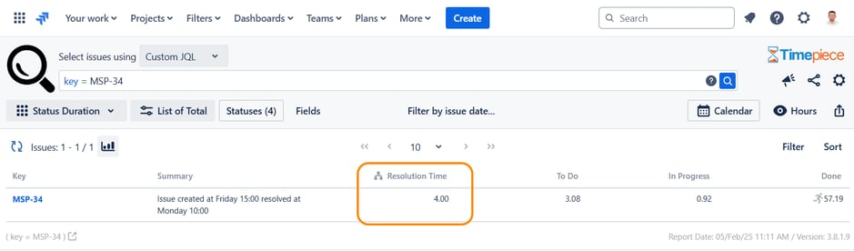 A sample Timepiece - Time in Status report, for the same issue, based on a custom calendar. This makes it possible to Exclude Non-Working Hours from Jira Time Reports