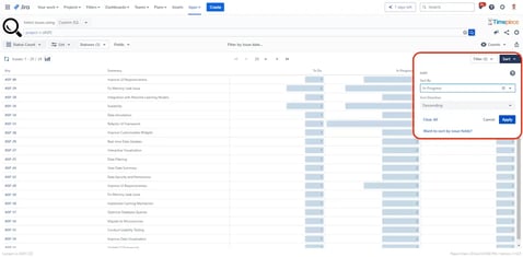 Timepiece report showing issues with their status use counts. A sort for Reopen counts is configured.