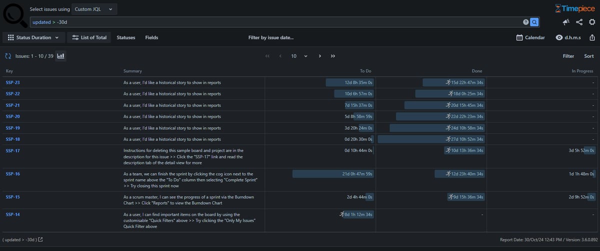 Timepiece - Time in Status for Jira, main reporting page displayed in Dark Mode.