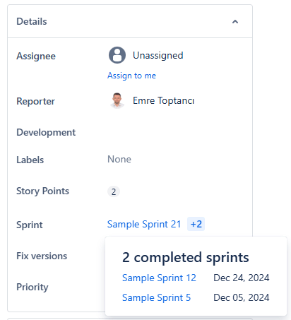 Jira issue view showing an old sprint value in the Sprint field.