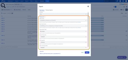 Advanced CSV Export Options in Timepiece - Time in Status for Jira